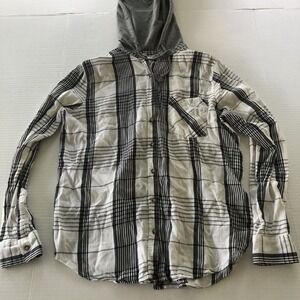 Mudd White Black Plaid Hooded Long Sleeve Button Up Top Sz L A3140